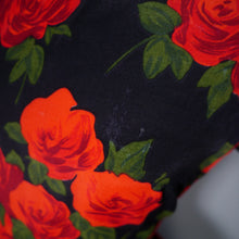 Load image into Gallery viewer, 80s does 50s BLACK FULL SKIRTED DRESS WITH BIG RED ROSE PRINT - S