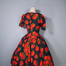 Load image into Gallery viewer, 80s does 50s BLACK FULL SKIRTED DRESS WITH BIG RED ROSE PRINT - S