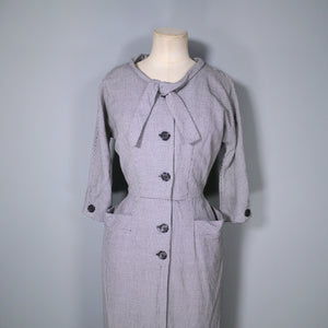 50s 60s PEGGY PAGE HOUNDSTOOTH AUTUMN WIGGLE DRESS WITH NECK TIE - S