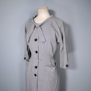 50s 60s PEGGY PAGE HOUNDSTOOTH AUTUMN WIGGLE DRESS WITH NECK TIE - S