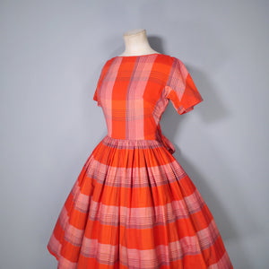 50s BRIGHT RED CHECK FULL SKIRTED DRESS WITH SASH TIES - XS