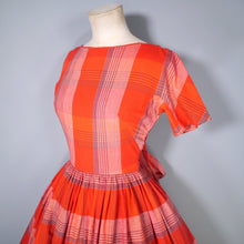 Load image into Gallery viewer, 50s BRIGHT RED CHECK FULL SKIRTED DRESS WITH SASH TIES - XS