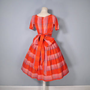50s BRIGHT RED CHECK FULL SKIRTED DRESS WITH SASH TIES - XS