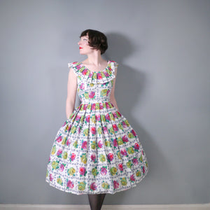 50s YELLOW AND PINK ROSE PRINT COTTON DRESS WITH BIG RUFFLE COLLAR - XS-S