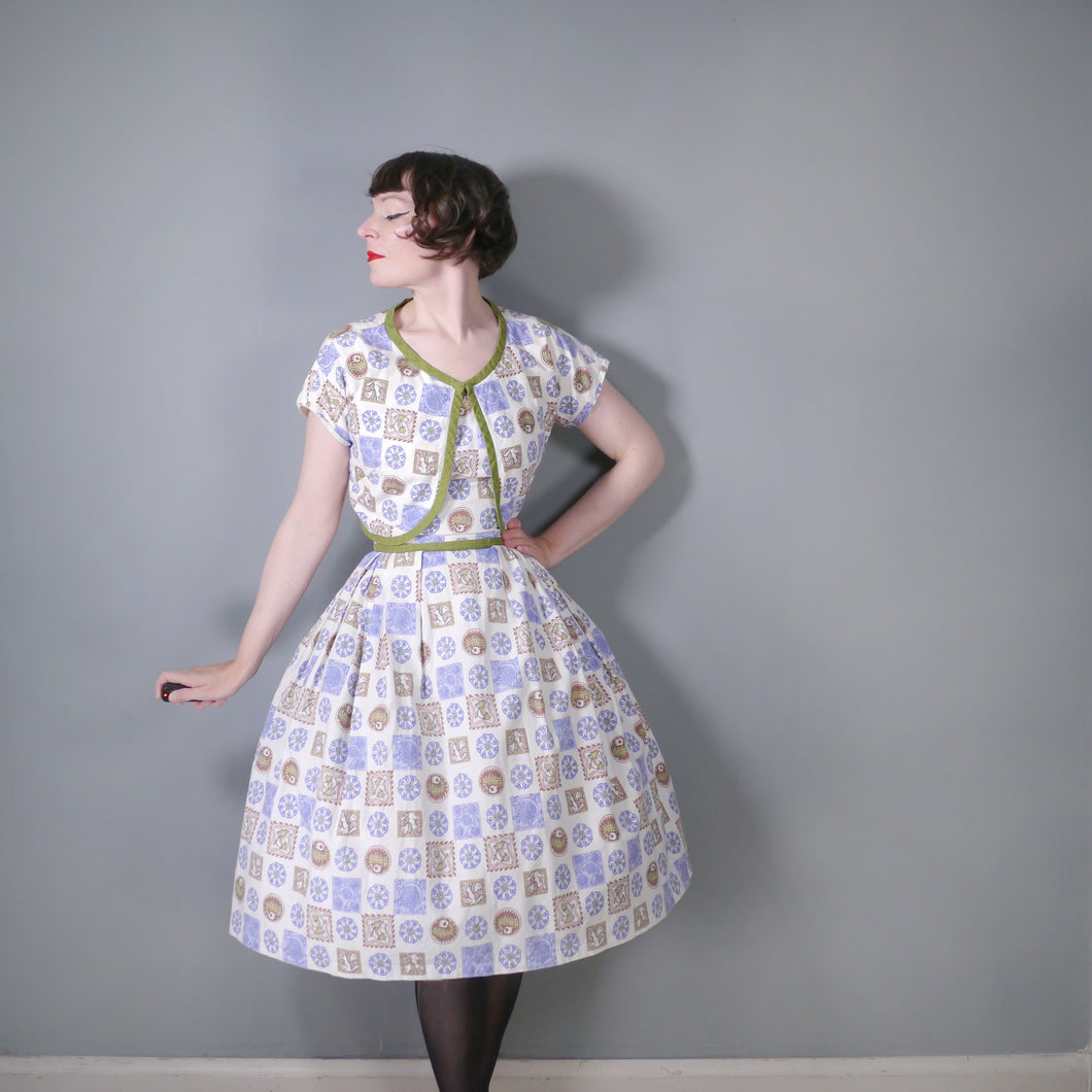 50s SUN DRESS AND BOLERO JACKET IN NOVELTY FOLK ART PRINT - XS