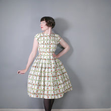 Load image into Gallery viewer, 50s FLORAL GRIDWORK PRINT COTTON DAY DRESS IN GREEN RED AND WHITE - S
