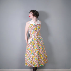 40s 50s LEE WENTLEY DELIGHTFUL YELLOW FLORAL HALTER DRESS - XS