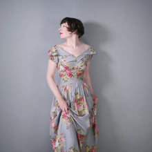 Load image into Gallery viewer, 40s ROMANTIC FLORAL GREY COTTON EVENING MAXI DRESS - XS