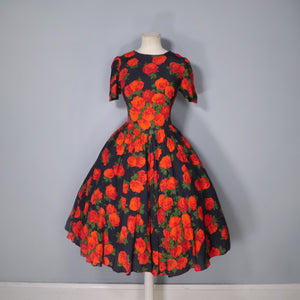 80s does 50s BLACK FULL SKIRTED DRESS WITH BIG RED ROSE PRINT - S