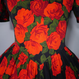80s does 50s BLACK FULL SKIRTED DRESS WITH BIG RED ROSE PRINT - S