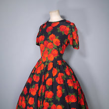 Load image into Gallery viewer, 80s does 50s BLACK FULL SKIRTED DRESS WITH BIG RED ROSE PRINT - S