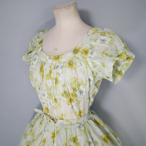 RHONA ROY 50s / 60s PASTEL GREEN NYLON FLORAL SUN DRESS - M