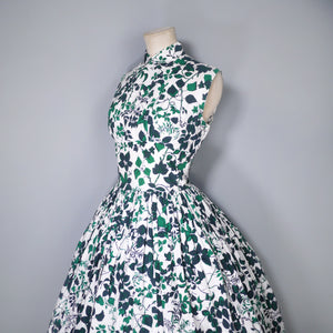 50s CALIFORNIA COTTONS GREEN IVY LEAF PRINT FULL SKIRTED DAY DRESS - S