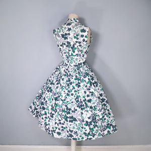50s CALIFORNIA COTTONS GREEN IVY LEAF PRINT FULL SKIRTED DAY DRESS - S