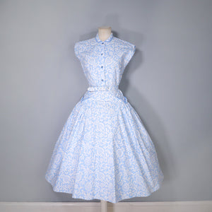 50s PASTEL BLUE AND WHITE PRINTED COTTON DRESS WITH POCKETS - S