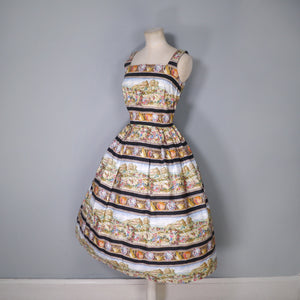 50s NOVELTY FARMER AND POTTERY PRINT COTTON FULL SKIRTED DRESS - XS