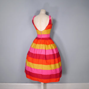 50s 60s COLOURBLOCK STRIPE RED YELLOW AND PINK SUN DRESS - XS