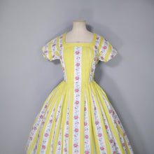 Load image into Gallery viewer, 50s YELLOW STRIPE AND FLORAL BANDS PLEATED COTTON DAY DRESS - S