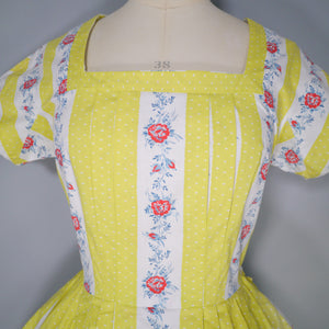 50s YELLOW STRIPE AND FLORAL BANDS PLEATED COTTON DAY DRESS - S