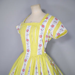 50s YELLOW STRIPE AND FLORAL BANDS PLEATED COTTON DAY DRESS - S