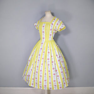 50s YELLOW STRIPE AND FLORAL BANDS PLEATED COTTON DAY DRESS - S