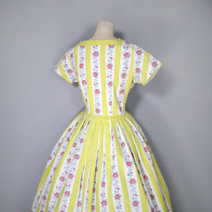 50s YELLOW STRIPE AND FLORAL BANDS PLEATED COTTON DAY DRESS - S