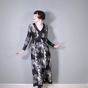 70s BLACK AND WHITE PSYCHADELIC NUDE LADY FLORAL PRINT MAXI DRESS - S