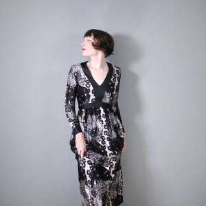 70s BLACK AND WHITE PSYCHADELIC NUDE LADY FLORAL PRINT MAXI DRESS - S