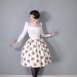 50s 60s "SKIRTWELL" ROSE BUNCHES WITH BOWS PRINT FLORAL FULL SKIRT - 27"
