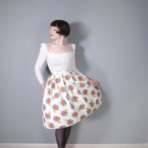 50s 60s "SKIRTWELL" ROSE BUNCHES WITH BOWS PRINT FLORAL FULL SKIRT - 27"