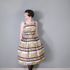 50s NOVELTY FARMER AND POTTERY PRINT COTTON FULL SKIRTED DRESS - XS