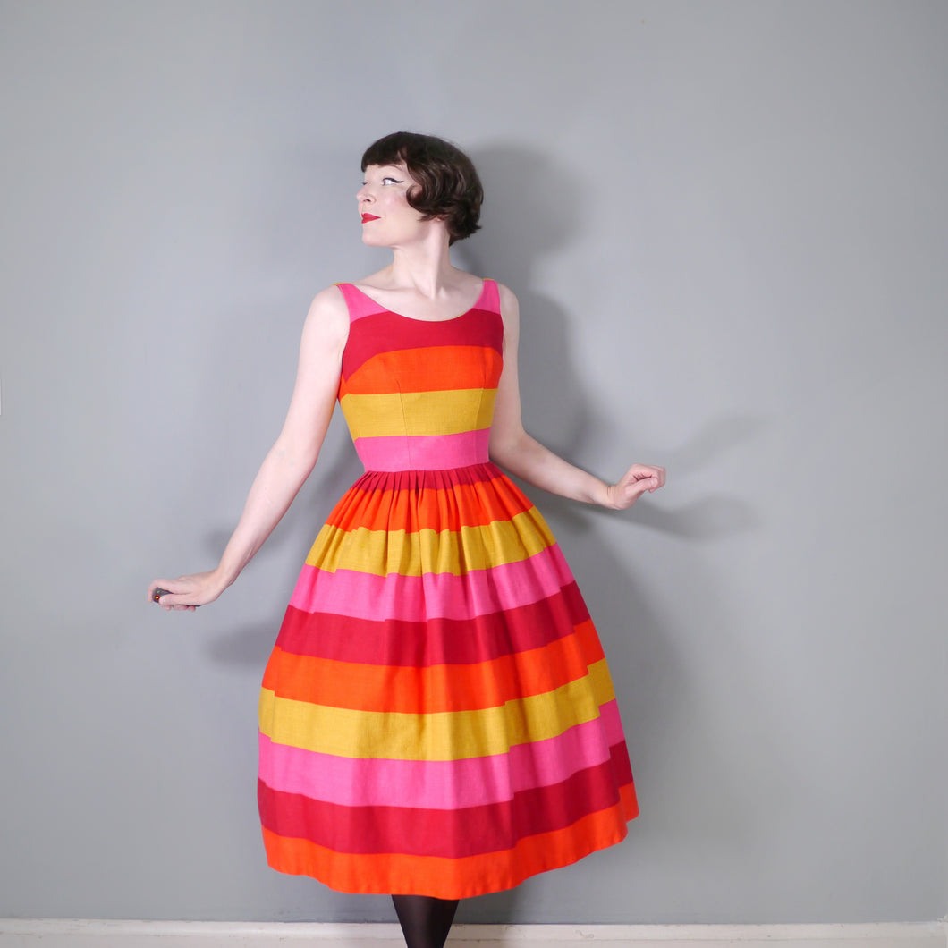 50s 60s COLOURBLOCK STRIPE RED YELLOW AND PINK SUN DRESS - XS