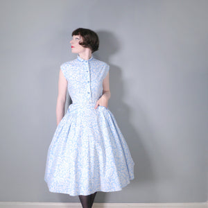 50s PASTEL BLUE AND WHITE PRINTED COTTON DRESS WITH POCKETS - S