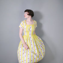 Load image into Gallery viewer, 50s YELLOW STRIPE AND FLORAL BANDS PLEATED COTTON DAY DRESS - S