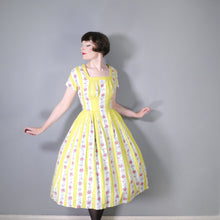 Load image into Gallery viewer, 50s YELLOW STRIPE AND FLORAL BANDS PLEATED COTTON DAY DRESS - S