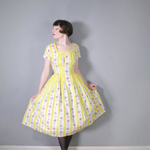 50s YELLOW STRIPE AND FLORAL BANDS PLEATED COTTON DAY DRESS - S