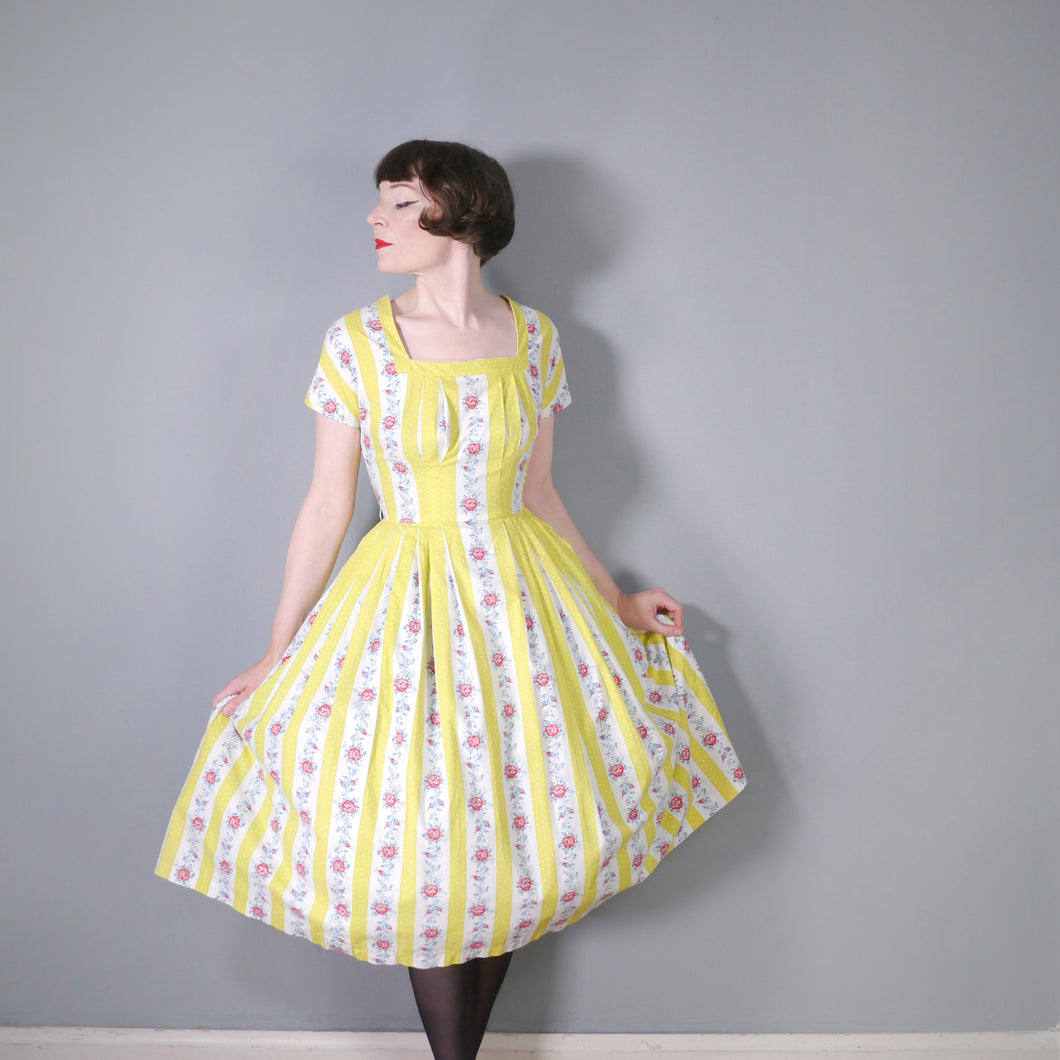 50s YELLOW STRIPE AND FLORAL BANDS PLEATED COTTON DAY DRESS - S