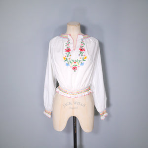 WHITE HUNGARIAN HAND EMBROIDERED 70s BLOUSE TOP - XS