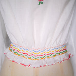 WHITE HUNGARIAN HAND EMBROIDERED 70s BLOUSE TOP - XS