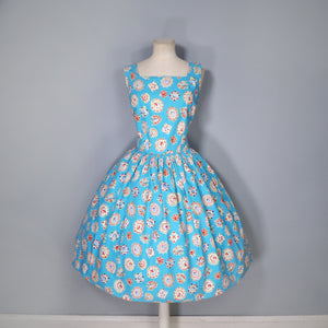 50s NOVELTY GEM PRINT TURQUOISE COTTON DAY DRESS - S