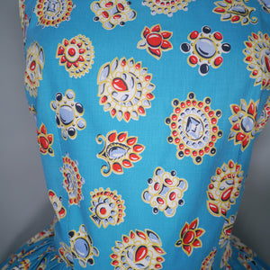 50s NOVELTY GEM PRINT TURQUOISE COTTON DAY DRESS - S