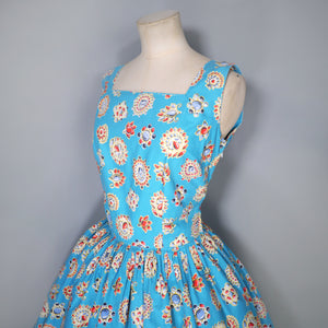 50s NOVELTY GEM PRINT TURQUOISE COTTON DAY DRESS - S