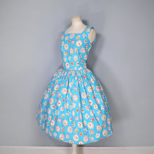 50s NOVELTY GEM PRINT TURQUOISE COTTON DAY DRESS - S