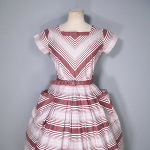 50s BROWN AND CREAM CHEVRON STRIPE COTTON DAY DRESS WITH FULL SKIRT AND POCKETS - S