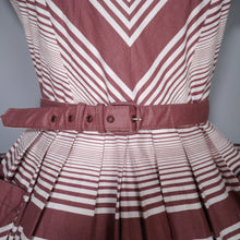 Load image into Gallery viewer, 50s BROWN AND CREAM CHEVRON STRIPE COTTON DAY DRESS WITH FULL SKIRT AND POCKETS - S