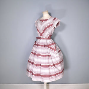 50s BROWN AND CREAM CHEVRON STRIPE COTTON DAY DRESS WITH FULL SKIRT AND POCKETS - S