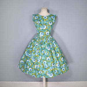 50s BLUE GREEN FLORAL PRINT HANDMADE COTTON DAY DRESS - S