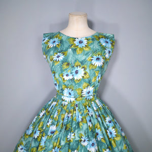 50s BLUE GREEN FLORAL PRINT HANDMADE COTTON DAY DRESS - S