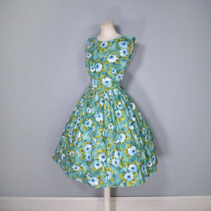 50s BLUE GREEN FLORAL PRINT HANDMADE COTTON DAY DRESS - S