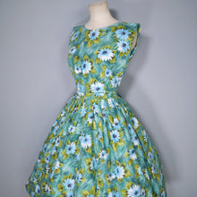 Load image into Gallery viewer, 50s BLUE GREEN FLORAL PRINT HANDMADE COTTON DAY DRESS - S